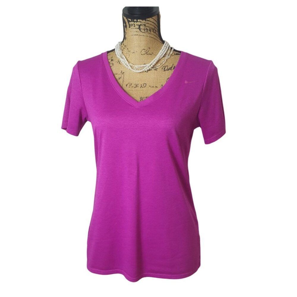 Nike Womens Athletic V-Neck Tee Med Magenta Pink Dri-Fit Run Sporty Athleisure